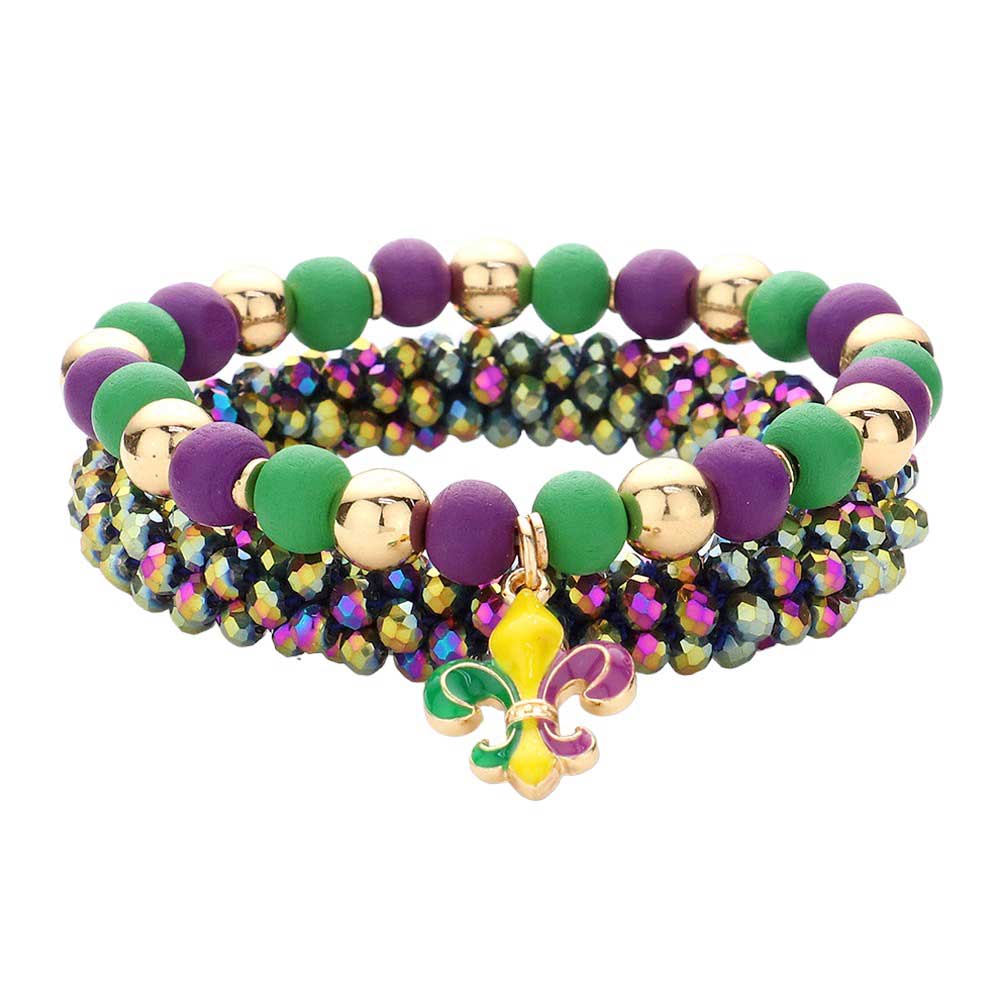 Multi 2pcs Mardi Gras Fleur de Lis Charm Wood Ball Faceted Beaded Stretch Bracelets, Stay in the Mardi Gras spirit with these. Crafted with bead charms and wood ball beads, each bracelet is designed to fit almost any wrist size with its stretchable construction. Celebrate in style with these Mardi Gras ball-themed bracelets!
