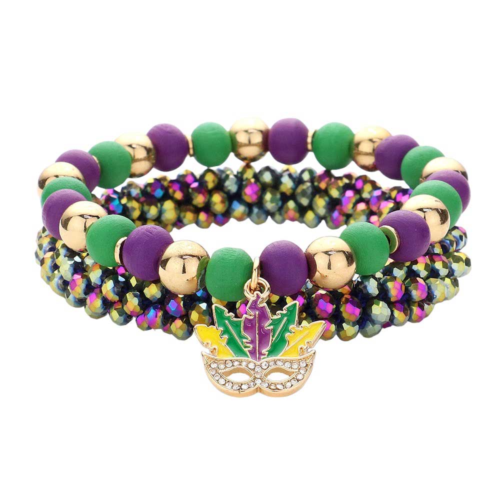 Multi 2pcs Mardi Gras Mask Charm Wood Ball Faceted Beaded Stretch Bracelets, Stay in the Mardi Gras spirit with these. Crafted with bead charms and wood ball beads, each bracelet is designed to fit almost any wrist size with its stretchable elastic construction. Celebrate in style with these Mardi Gras ball-themed bracelets!