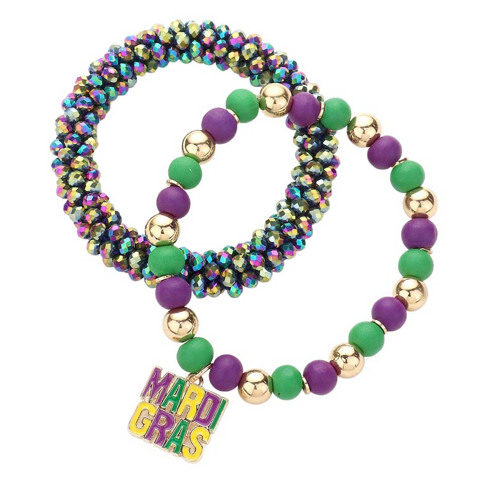 Multi 2pcs Mardi Gras Message Charm Wood Ball Faceted Beaded Stretch Bracelets, Stay in the Mardi Gras spirit with these. Crafted with bead charms and wood ball beads, each bracelet is designed to fit almost any wrist size with its stretchable construction. Celebrate in style with these Mardi Gras ball-themed bracelets!