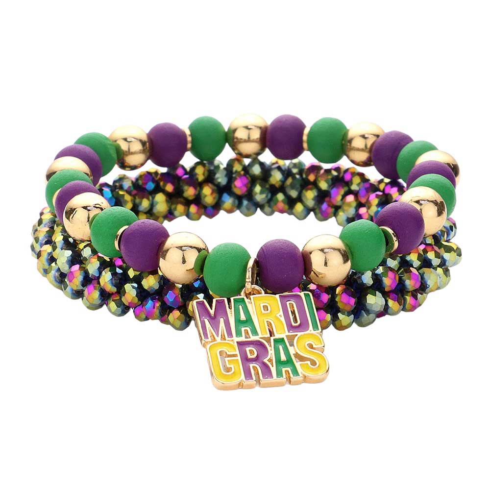 Multi 2pcs Mardi Gras Message Charm Wood Ball Faceted Beaded Stretch Bracelets, Stay in the Mardi Gras spirit with these. Crafted with bead charms and wood ball beads, each bracelet is designed to fit almost any wrist size with its stretchable construction. Celebrate in style with these Mardi Gras ball-themed bracelets!