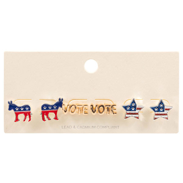 Multi-3 pairs of enamel VOTE Democrat Donkey stud earrings. Made with high-quality materials, these earrings showcase your political stance in a stylish and eye-catching way. Perfect for any Democrat supporter, these earrings are a must-have accessory for any political event or everyday wear-3