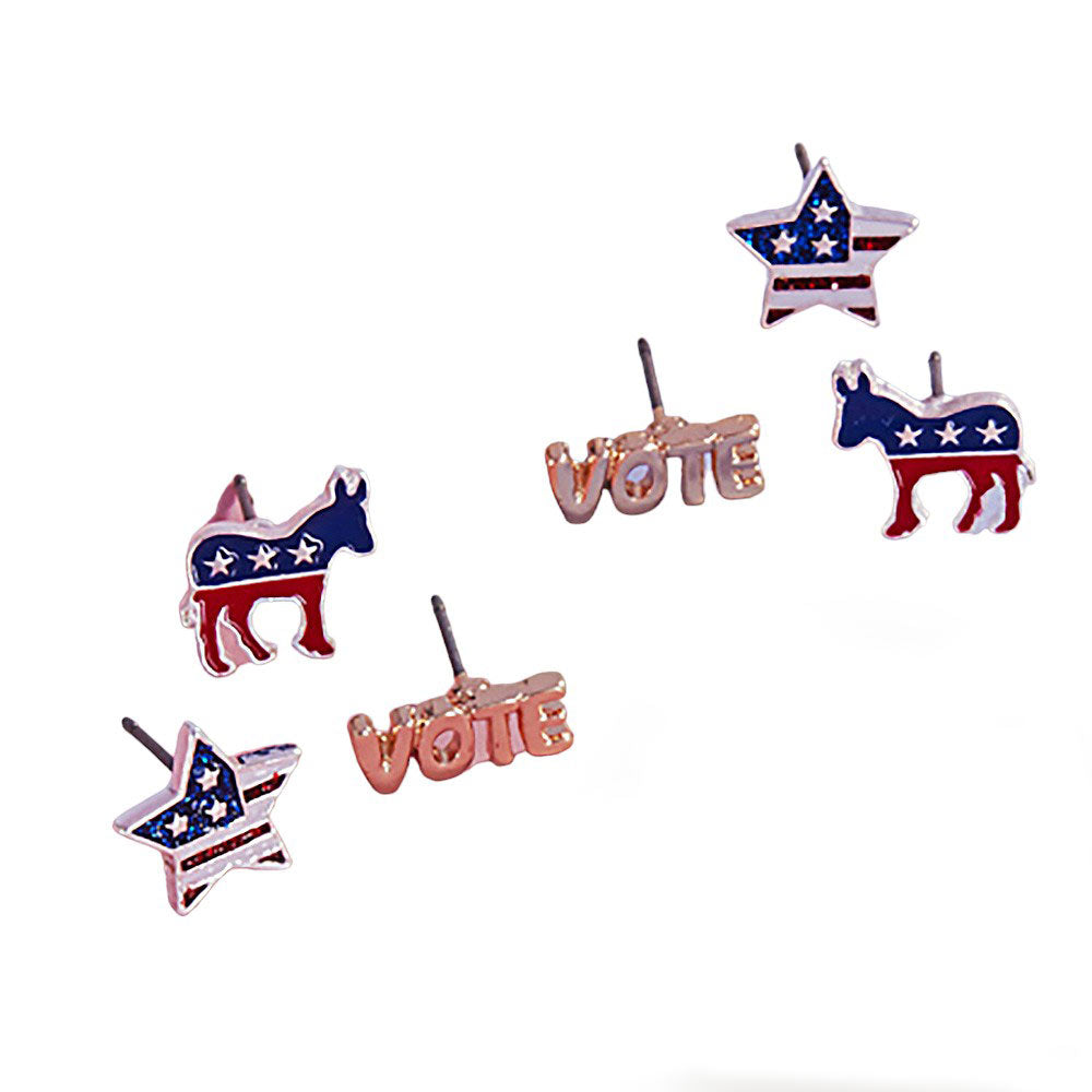 Multi-3 pairs of enamel VOTE Democrat Donkey stud earrings. Made with high-quality materials, these earrings showcase your political stance in a stylish and eye-catching way. Perfect for any Democrat supporter, these earrings are a must-have accessory for any political event or everyday wear.