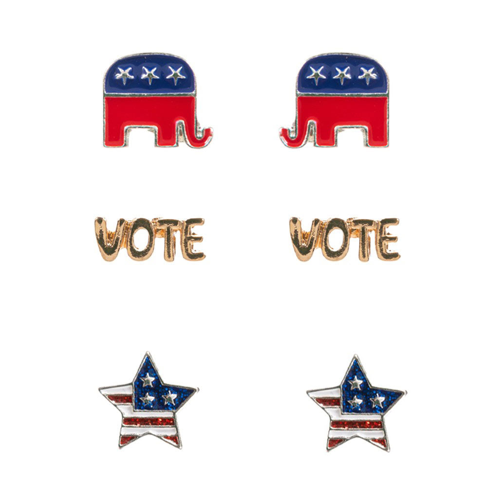 Multi-3 pairs of Republican Elephant Stud Earrings are perfect accessories for showing your political affiliation.With a classic design and secure backing, these earrings are a great way to add a subtle touch of patriotism to any outfit.This is the perfect gift for your friends and family.