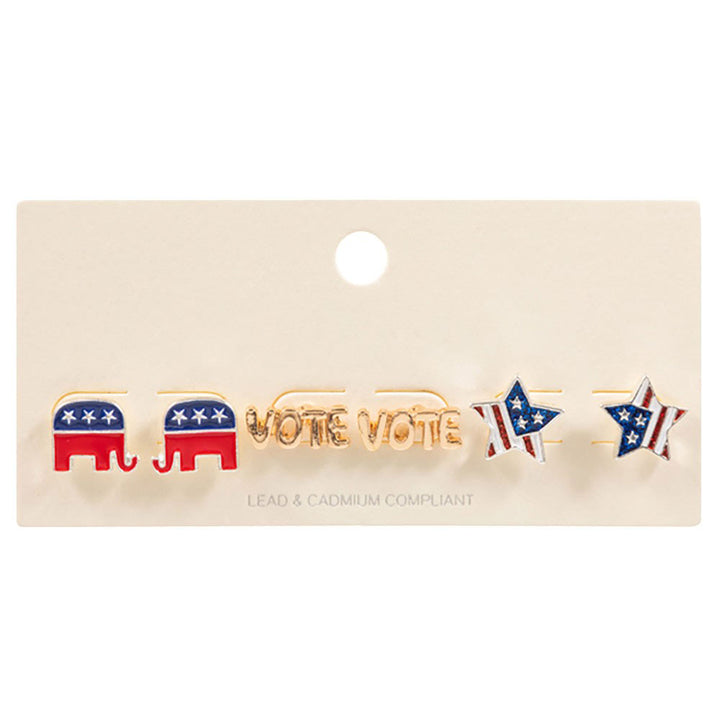 Multi-3 pairs of Republican Elephant Stud Earrings are perfect accessories for showing your political affiliation.With a classic design and secure backing, these earrings are a great way to add a subtle touch of patriotism to any outfit.This is the perfect gift for your friends and family-2