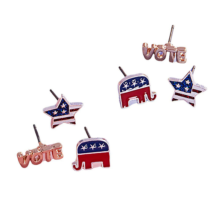 Multi-3 pairs of Republican Elephant Stud Earrings are perfect accessories for showing your political affiliation.With a classic design and secure backing, these earrings are a great way to add a subtle touch of patriotism to any outfit.This is the perfect gift for your friends and family.