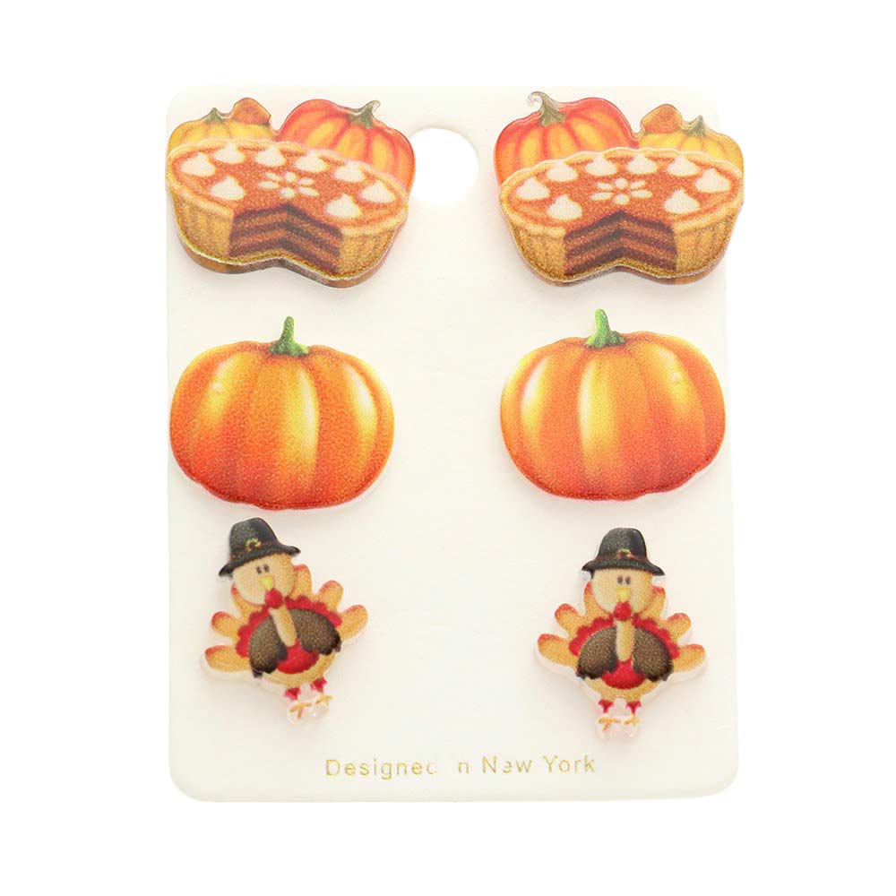 Multi-3 pairs of pumpkin pie turkey stud earrings. Made with high-quality materials, these earrings are perfect for Thanksgiving gatherings or everyday wear. Each pair features a unique design and is lightweight for comfortable wear. Upgrade your jewelry collection with these festive earrings. 