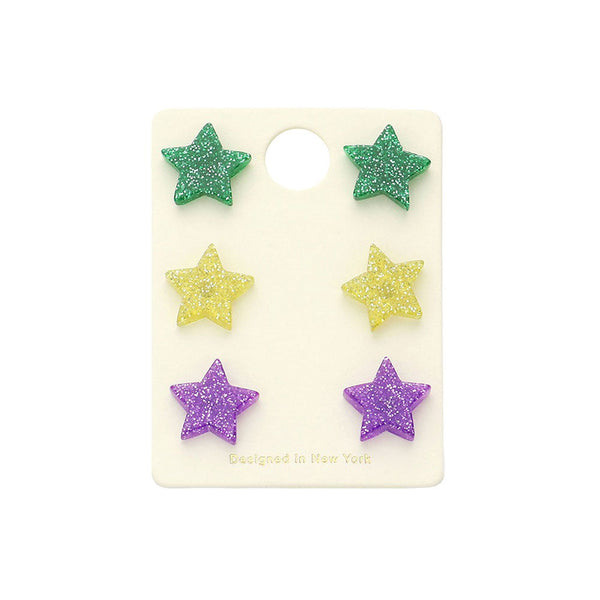 Multi 3Pairs Mardi Gras Star Stud Earrings provide a unique and chic look. These stylish earrings feature eye-catching Mardi Gras star charms that make for a perfect accessory for any outfit. Crafted with quality materials, they're lightweight and comfortable, making them perfect for celebrations or everyday wear.