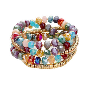 Multi 5PCS Faceted Beaded Heishi Beaded Multi Layered Stretch Bracelet, This set features 5PCS of faceted and heishi beaded strands. The unique design adds a touch of elegance to any outfit. The stretchy material provides a comfortable fit for all wrist sizes. Elevate your style with this versatile and eye-catching piece.