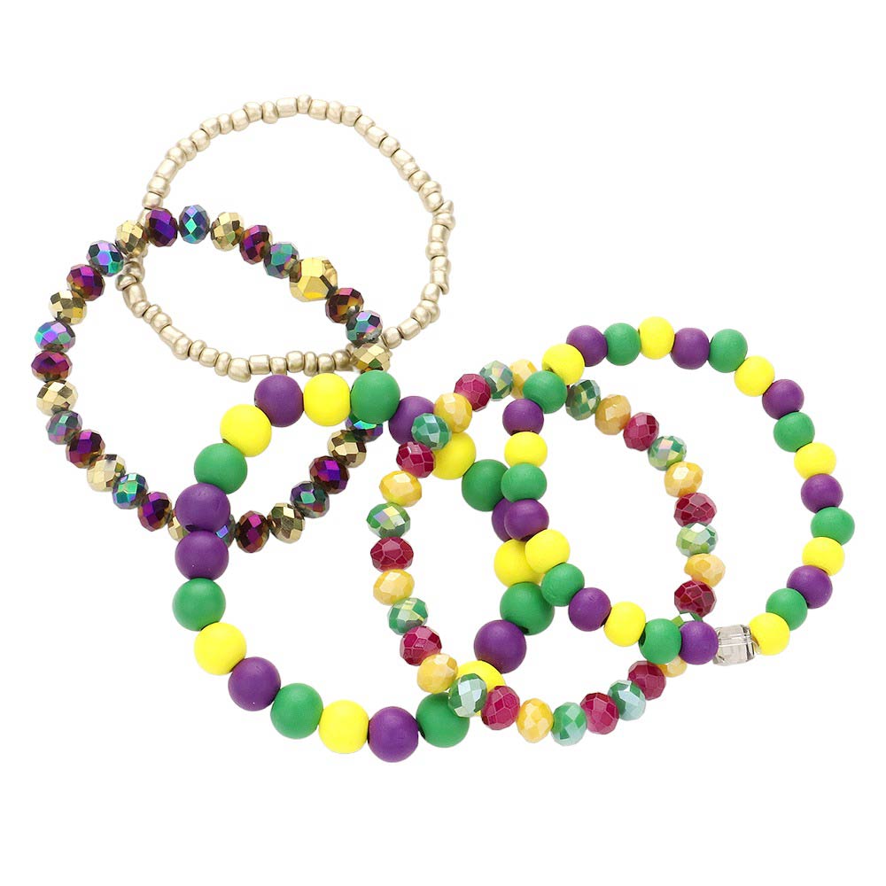 Multi 5pcs Mardi Gras Wood Ball Faceted Beaded Stretch Bracelets, Add a festive touch to any look with these. The wood-look beads are multi-faceted and feature a variety of colors and textures. They are easily adjustable for sizes and comfortable to wear. Perfect for festive occasions like Mardi Gras or a fun festive gift.