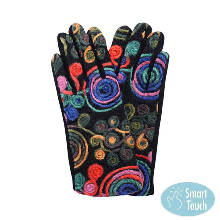 Multi Abstract Swirl Yarn Embroidered Smart Touch Gloves, Keep your hands warm and stylish! These gloves feature a unique abstract yarn design and smart touch technology, allowing you to use your phone, tab, or any touch-sensitive devices without taking off your gloves. Stay connected and cozy with these must-have gloves.