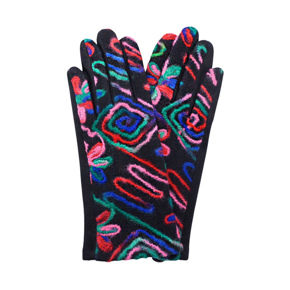 Multi Abstract Yarn Embroidered Smart Touch Gloves crafted with abstract yarn embroidery, keep your hands warm, allow you to use touchscreens without taking them off.