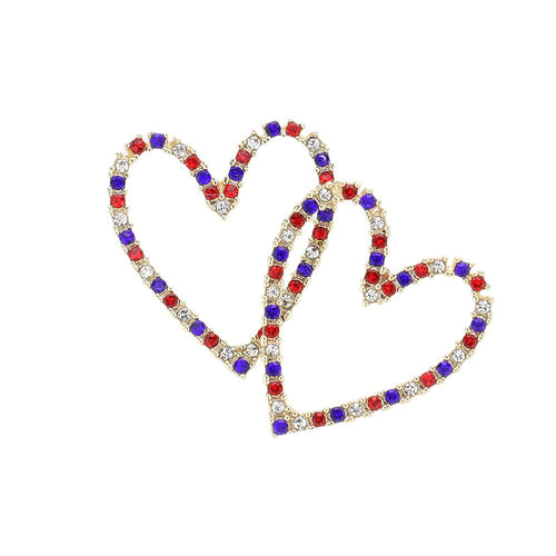 Women's American USA Colored Stone Cluster Open Heart Earrings 4th of July - Gold Multi