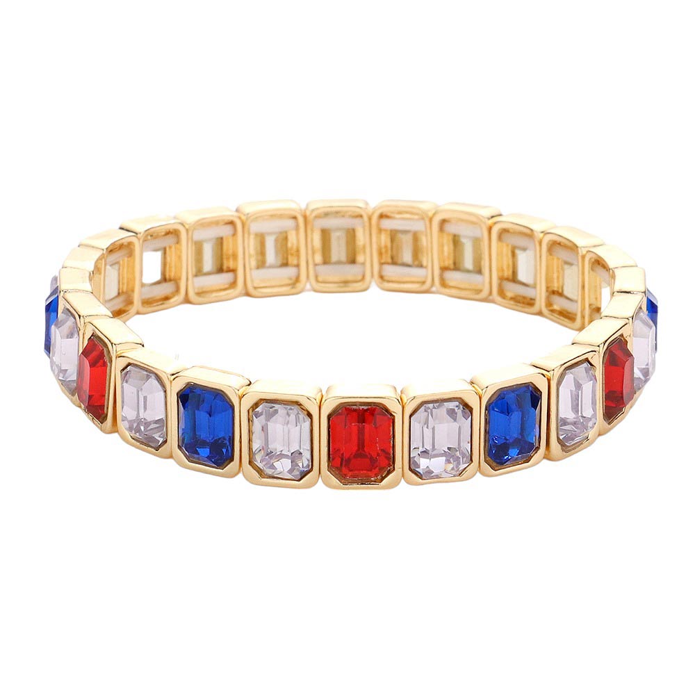Multi American USA Flag Emerald Cut Stone Stretch Evening Bracelet, will bring elegance to any evening look. Crafted with shimmering emerald cut stones, this bracelet is a timeless piece that is sure to make you stand out. Stretchable and easy to wear, this bracelet offers a sophisticated style for any special occasion. 