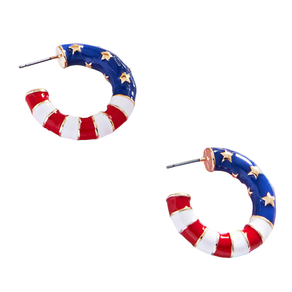 Multi American USA Flag Enamel Hoop Earrings are a patriotic addition to any outfit. The vibrant flag design is expertly crafted and will make a statement. Made with high-quality materials, these earrings are durable and long-lasting. Show off your American pride with these stylish hoops.