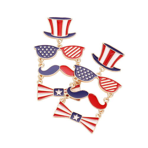 American USA Flag Hat Sunglasses Mustache Bow Link Dangle Earrings - Multi