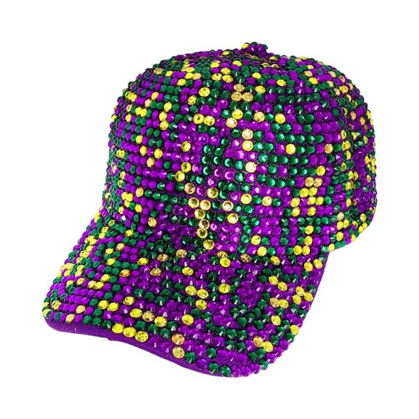Multi Bling Studded Mardi Gras Baseball Cap. Add some sparkle and style to your Mardi Gras outfit with our Bling Studded Baseball Cap. This cap is the perfect accessory for any festival-goer looking to make a statement. Stand out from the crowd and show off your love for Mardi Gras in a unique and fashionable way