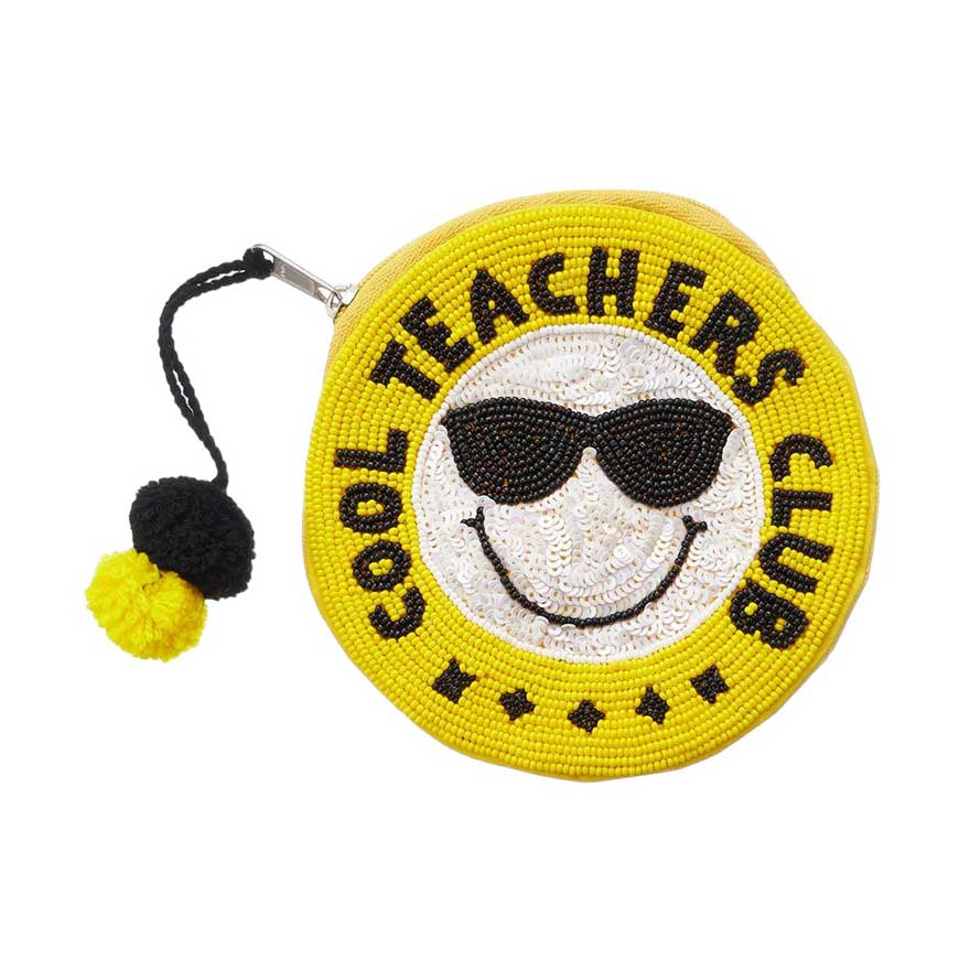 Multi COOL TEACHERS CLUB Message Beaded Mini Round Pouch Bag. This chic accessory features intricate beading and a playful message, making it the perfect addition to any outfit. Carry all your essentials in this compact and stylish bag, while showing off your love for education. Perfect gift for your Teacher.