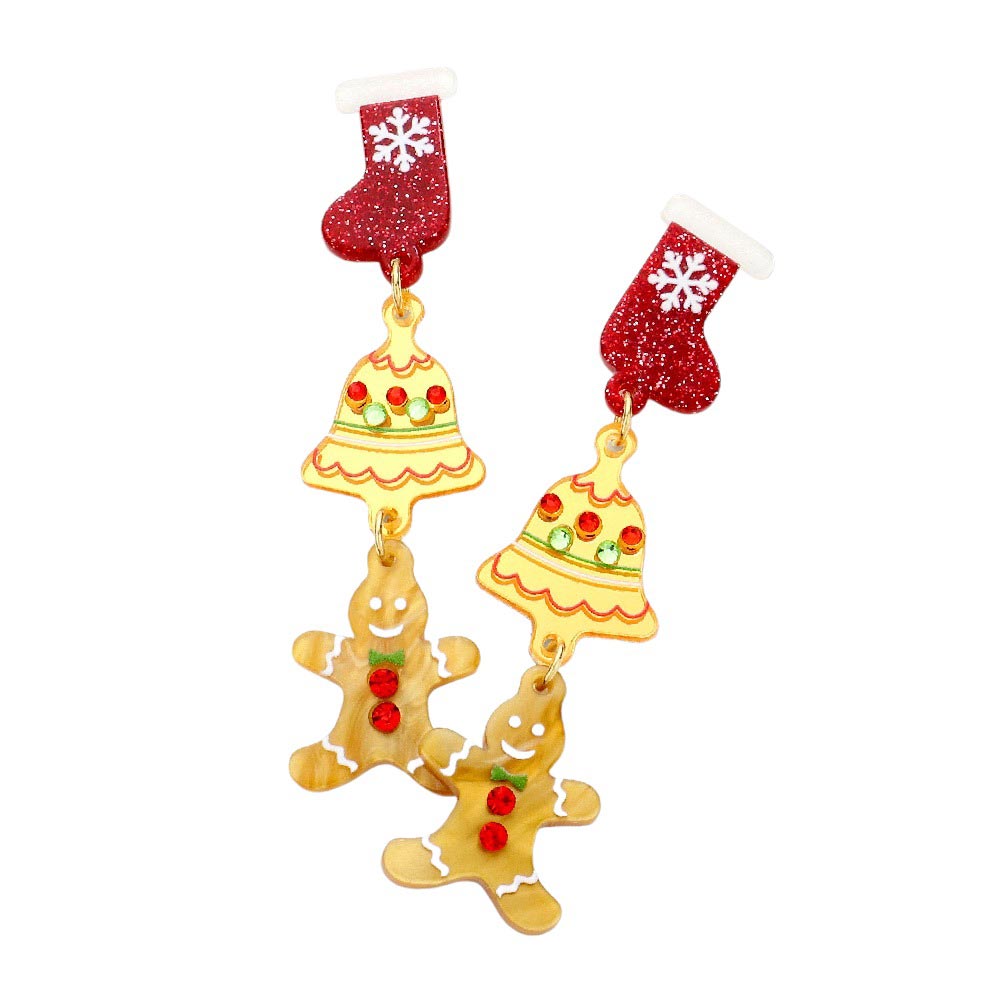 Multi Celluloid Acetate Christmas Socks Tree Gingerman Dangle Earrings, are perfect for Christmas, Santa Claus, or any festive season. Crafted from lightweight material and featuring an intricate design, they make a stylish statement. Perfect for any holiday gathering, they make a unique and fashionable statement gift.