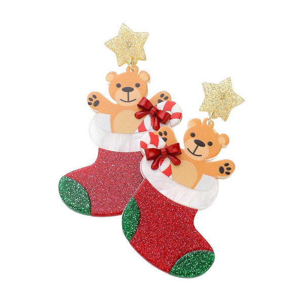 Multi Christmas Socks Teddy Bear Resin Dangle Earrings, Make a statement in the Christmas holiday with these unique pieces. Crafted with premium resin, these earrings offer a lightweight and durable design, perfect to add a festive touch to any outfit. Show off your Christmas spirit with these stylish dangle earrings.