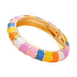 Multi Enamel Bamboo Hinged Bangle Bracelet, Discover the beauty and elegance of our bracelets that combine the durability of bamboo with the vibrant pop of enamel. Made for everyday wear, the bangle is both stylish and practical, with a hinged design for easy on and off. Add a touch of sophistication to your wardrobe.