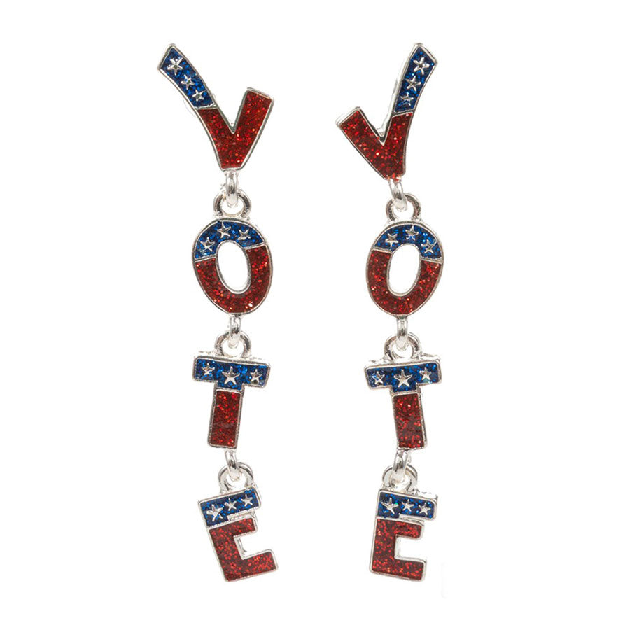 Multi-Enamel Glittered VOTE Message Link Dropdown Earrings, These earrings stylish way to show your support for democracy. Made with high-quality enamel and sparkling glitter, these earrings feature a VOTE message and a unique link-shaped design. An eye-catching accessory that makes a statement.