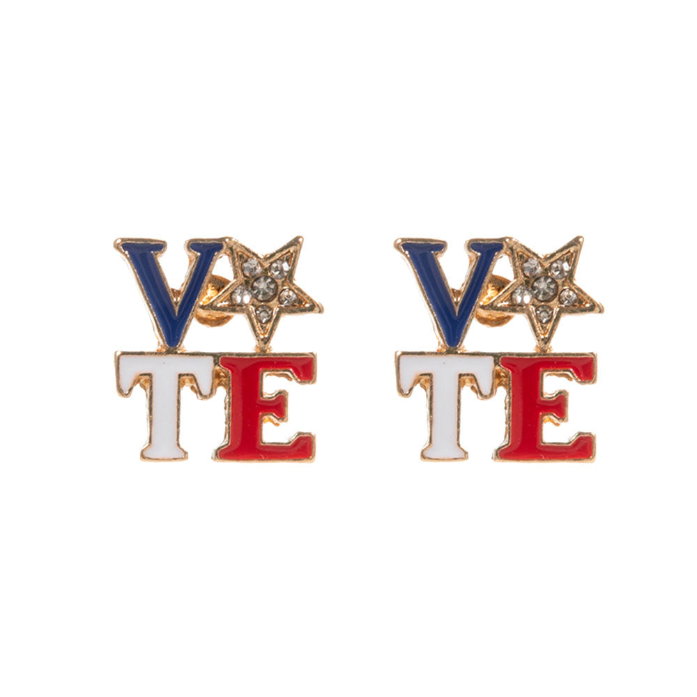 Multi-Enamel VOTE message stud earrings, Stylish way to show your support for democracy. Made with high-quality materials, they are durable and eye-catching. The perfect accessory for any outfit, these earrings are a subtle yet powerful statement. Show your commitment to positive change with these earrings.