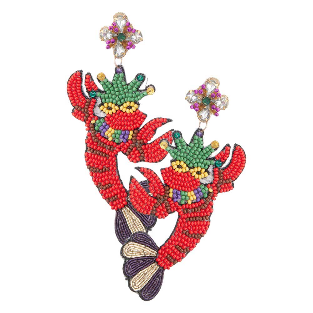 Multi Felt Back Mardi Gras Lobster Beaded Dangle Earrings, feature a stunning combination of sequin, seed beads, and lobster design to give your accessories a unique and special look. The felt backing provides protection and comfort. Perfect for festive gifting, special occasions, or just everyday wear!