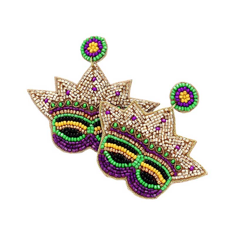 Multi Felt Back Mardi Gras Mask Beaded Dangle Earrings, are a fun way to show your Mardi Gras spirit. Each pair of earrings features a felt-backed Mardi Gras mask, with beaded dangly accents for a stunning effect. Perfect for wearing on any festive occasion or giving a fun festive gift.