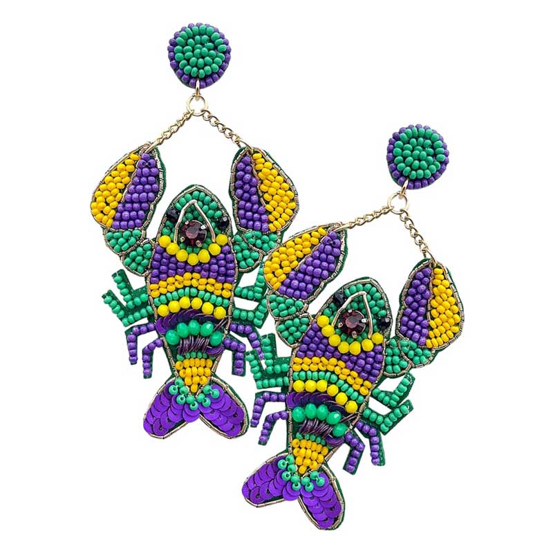 Multi Felt Back Mardi Gras Sequin Seed Beaded Lobster Dangle Earrings, feature a stunning combination of sequin, seed beads, and lobster design to give your accessories a unique and special look. The felt backing provides protection and is comfort. Perfect for festive gifting, special occasions or just everyday wear!