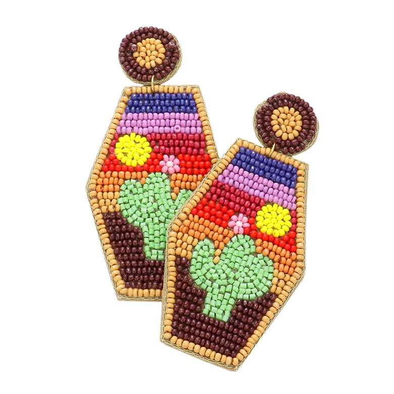 Multi Felt Back Seed Beaded Cactus Accented Dangle Earrings, Take your love for statement accessorizing to a new level of affection with these cactus earrings! Highlight your appearance, and grasp everyone's eye at your party. Perfect gift on Christmas, Valentine's Day as well as birthdays for your beloved ones.