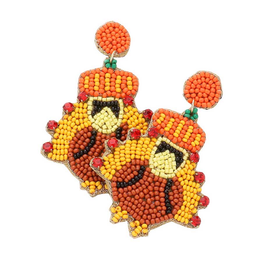 Multi Show off your festive style with these Felt Back Seed Beaded Turkey Dangle Earrings. The beads represent each feather of the turkey, creating a unique and intricate design. Perfect for Thanksgiving gatherings and adding a touch of animal-inspired chic to your seasonal wardrobe. Ideal jewelry item for animal lovers.