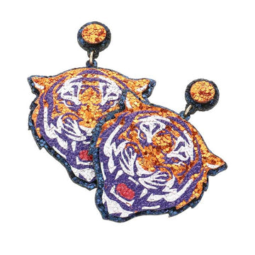 Multi Game Day Glittered Tiger Dangle Earrings, put on a color to complete your ensemble with an animal theme. These fun and sporty earrings are perfect for the sports lover in your life. Beautifully crafted design adds a gorgeous glow to any outfit. Perfect gift for a game day, birthday, and also for any fan.