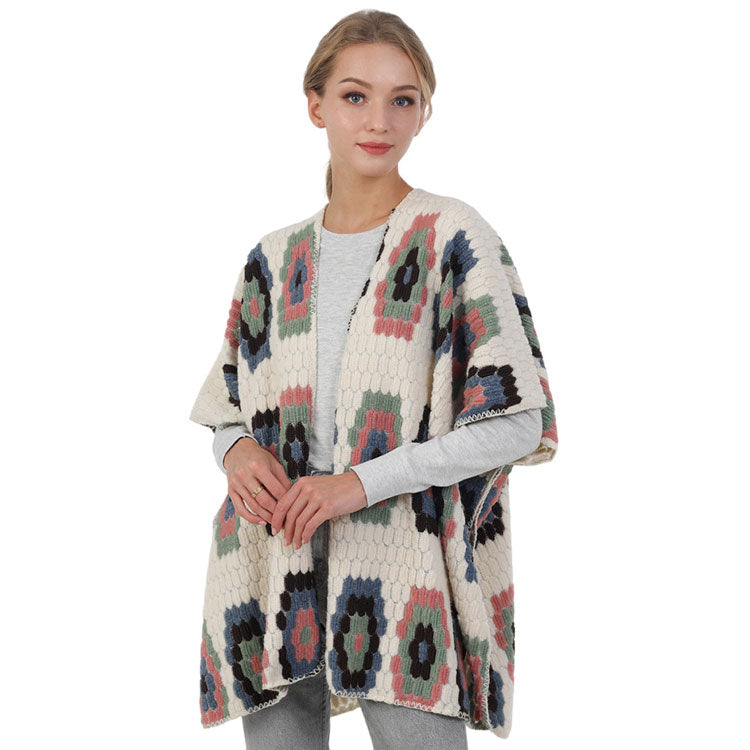 Multi Geometric Patterned Poncho, a beautifully designed Poncho is made of soft and breathable material. It will be your favorite accessory to wear everywhere with confidence. Perfect Gift for Wife, Mom, or the persons you love and care for their Birthday, Holiday, Anniversary, Fun Night Out, etc. Stay gorgeous!
