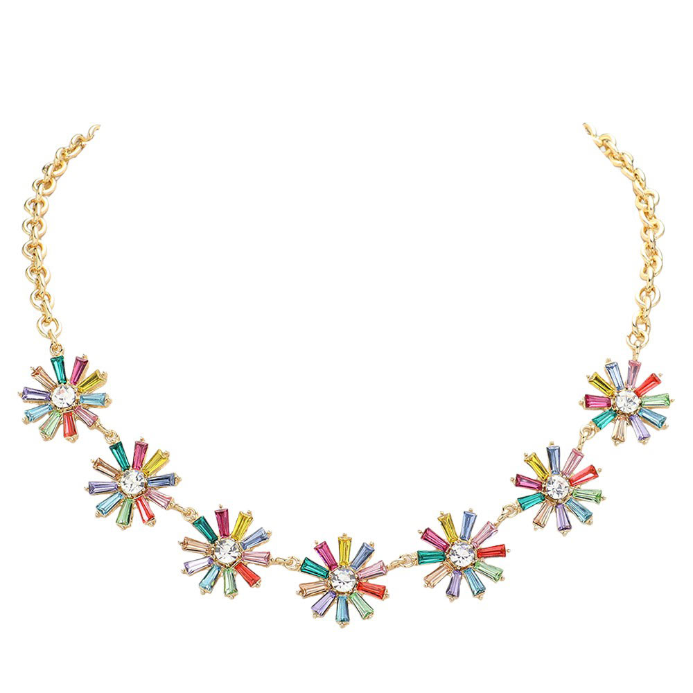 Multi-Glass Stone Embellished Flower Cluster Link Necklace, Add a touch of elegance to your look with this necklace. The necklace features a cluster of stunning glass stones in the shape of a delicate flower, giving it a charming and feminine appeal. Perfect for both casual and formal occasions, perfect gift choice.