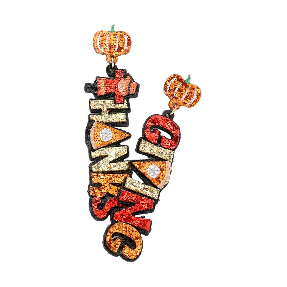 Multi Glittered Pumpkin Thanksgiving Message Dangle Earrings, are fun handcrafted jewelry that fits your lifestyle, adding a pop of pretty color. These pretty & tiny earrings will surely bring a smile to one's face as a gift. This is the perfect gift for Thanksgiving, especially for your friends, family, and your love.