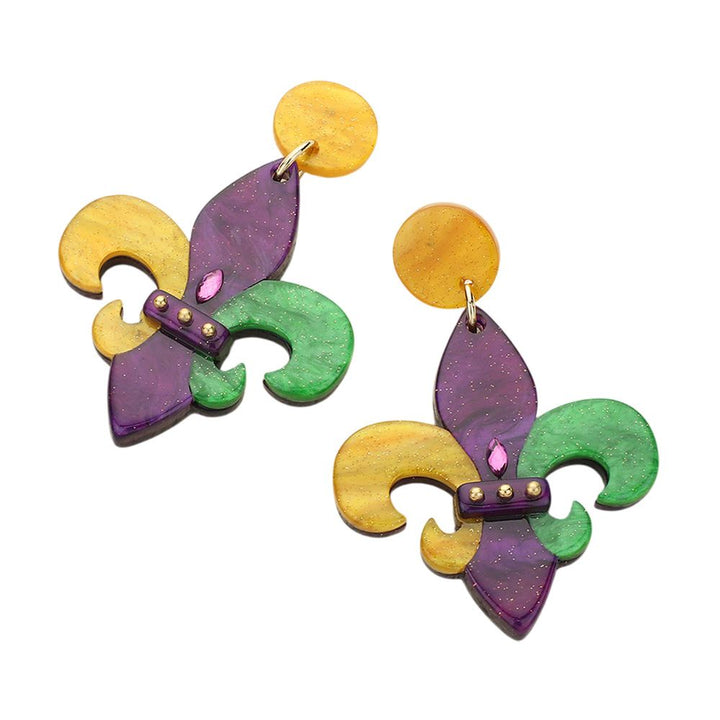 Multi-Glittered Resin Fleur de Lis Dangle Earrings adds a touch of Mardi Gras flair to your outfit. These vibrant earrings feature a colorful design and are lead and nickel compliant. With a post back, these earrings are both stylish and comfortable. Perfect for any festive occasion.