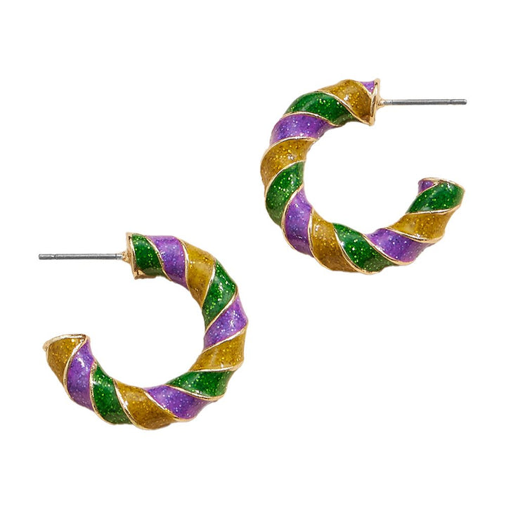 Multi-Glittered Twisted Enamel Mardi Gras Hoop Earrings offer a touch of festive elegance to any outfit. With their unique design and sparkling glitter, these earrings are perfect for celebrating Mardi Gras in style. Crafted with high-quality enamel, they are durable and comfortable to wear.