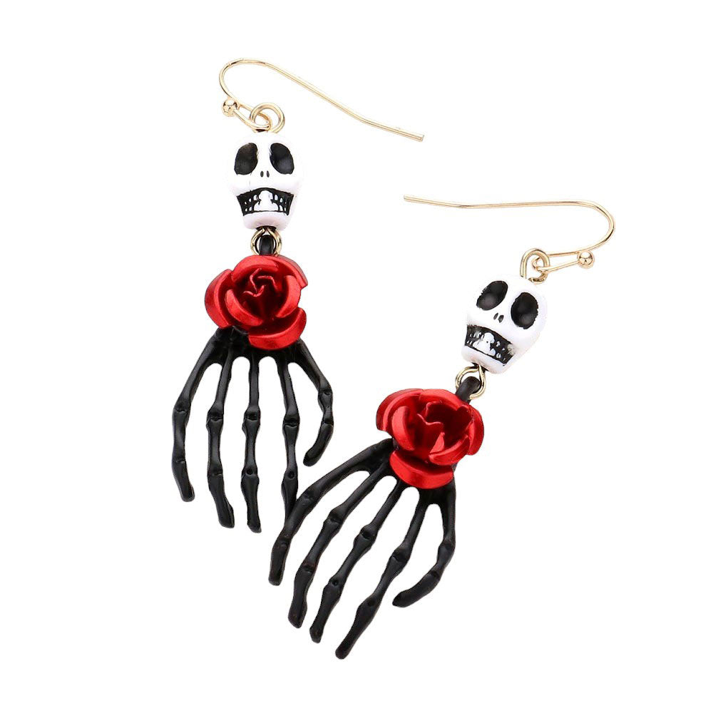 Multi-Jet-Black-Halloween Rose Pointed Skull Skeleton Hand Dangle Earrings, Perfect for adding a touch of spooky style to any outfit. Crafted with intricate detail, these earrings feature a rose design with a pointed skull and skeleton hand dangle. Made of high-quality materials, and comfortable to wear.