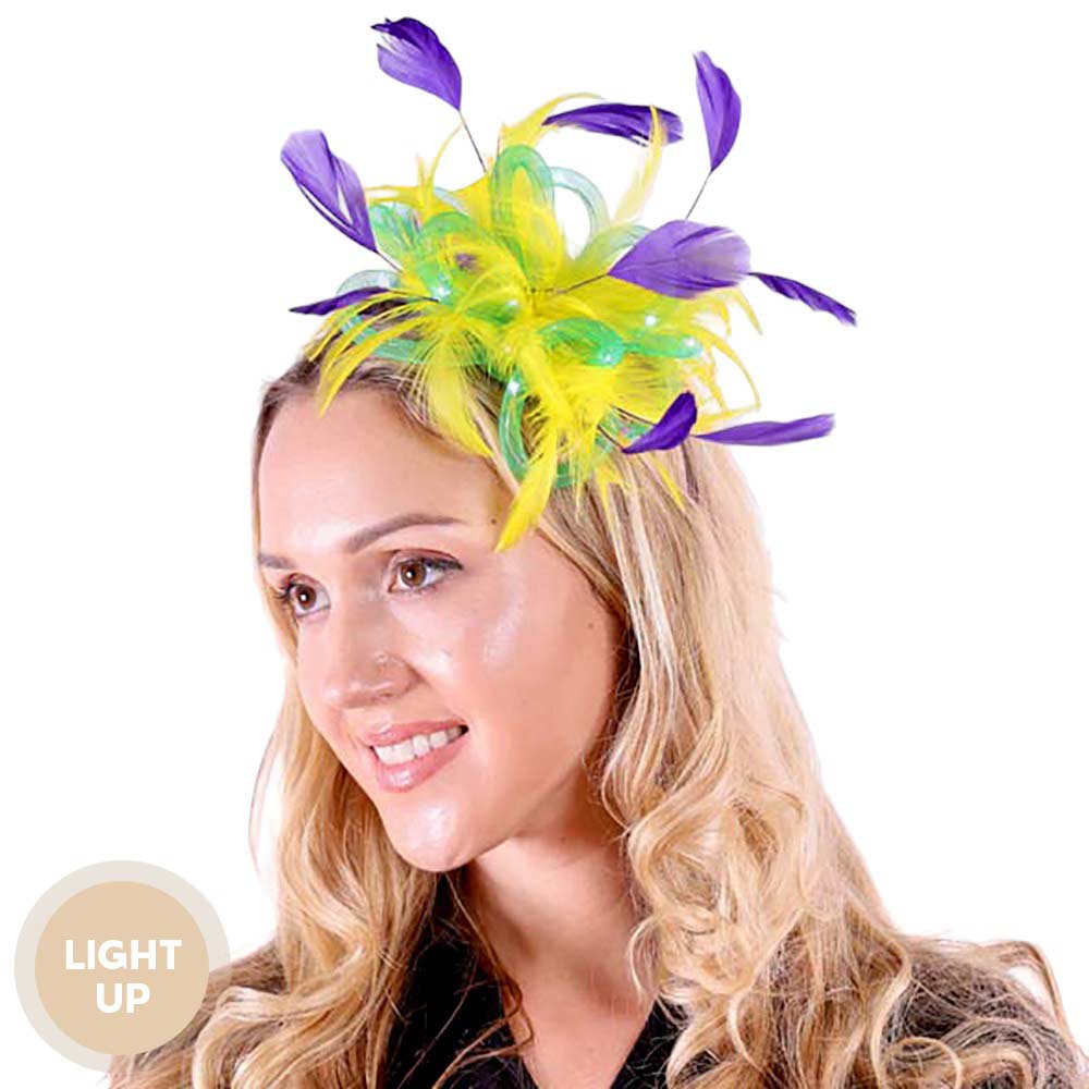 Multi LED Light Up Mardi Gras Feather Headband, Its adjustable wispy feathers and bright, long-lasting LEDs create an eye-catching, shimmering display. Add excitement to your celebration with this fun, festive headband! Perfect for Mardi Gras parties, night outings, or glowing up in festive moods.
