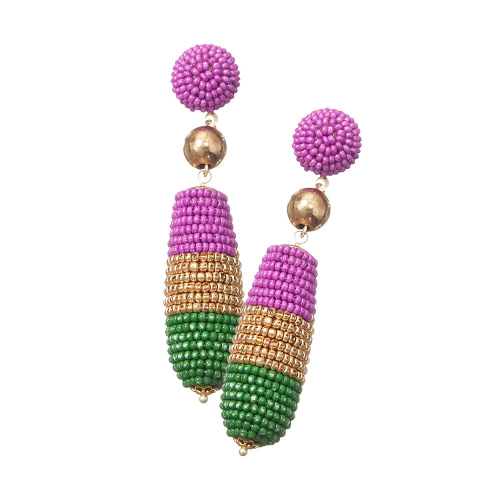 Multi Mardi Gras Beaded Dangle Earrings, Show off your style this Mardi Gras season with these gorgeous handcrafted beaded dangle earrings. The intricate design features a colorful gathering of beads perfectly arranged in festive Mardi Gras style. Get the perfect look for the party season with these classic earrings.