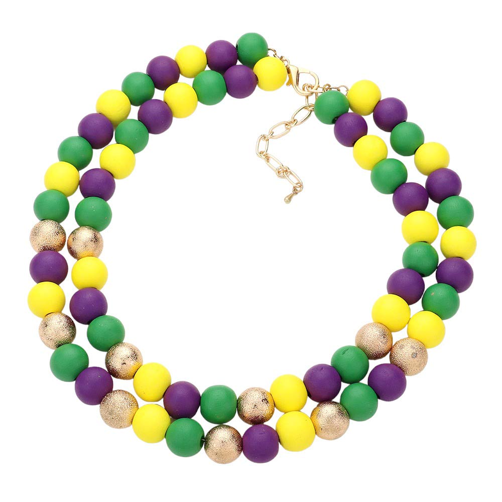Multi Mardi Gras Brass Metal Wood Ball Double Layered Necklace, Crafted with premium brass metal, it features a double-layered design for enhanced style and texture. The natural wood ball finish offers an eye-catching contrast and a bold look. Up your style game with this timeless and stylish piece.