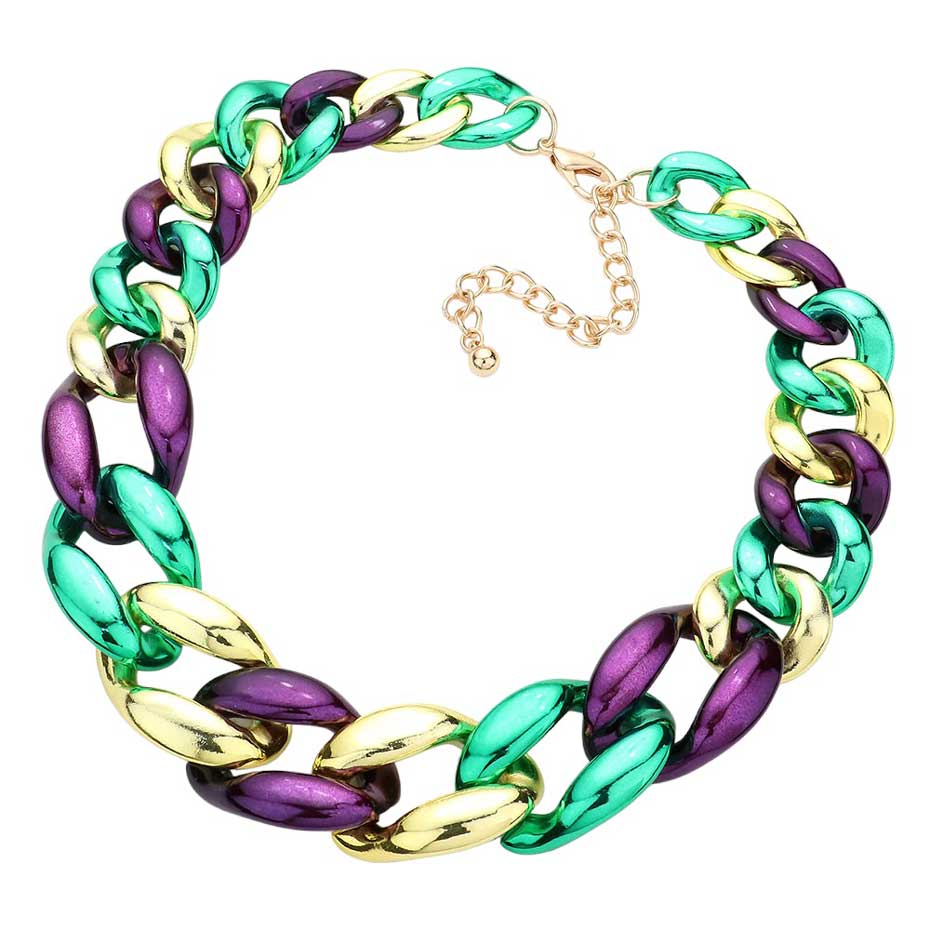 Multi Mardi Gras Chunky Chain Necklace, Crafted from quality materials and featuring vibrant multi-colored beads, it adds a bold statement to your look. The necklace is durable and strong, providing long-lasting wear. Make a statement with this beautiful necklace. Perfect festival gift for loved family members and friends.