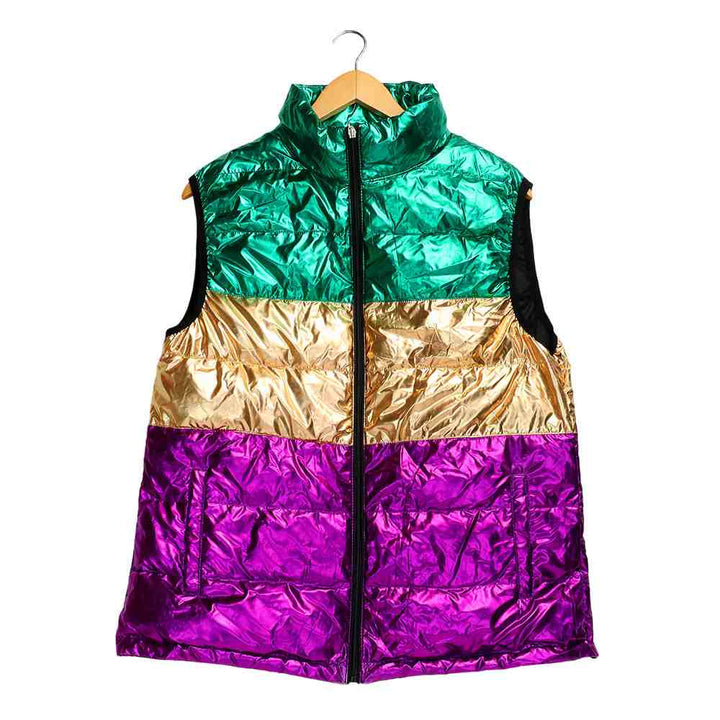 Multi-Mardi Gras Color Block Puffer Vest is the perfect addition to your wardrobe. With its vibrant colors and stylish design, it will keep you warm and comfortable while making a statement at any event. Made with high-quality materials, it's both durable and fashionable. Elevate your style with this must-have vest. 