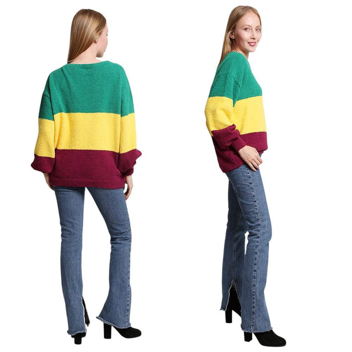 Multi-Mardi Gras Color Block Sweater is expertly designed to bring the vibrant colors of this iconic festival to your wardrobe. With its unique color blocking style, this sweater exudes a professional and polished look. Made with high-quality materials, it offers superior comfort and style. Perfect for any occasion, this sweater is a must-have for any fashion-forward individual. 