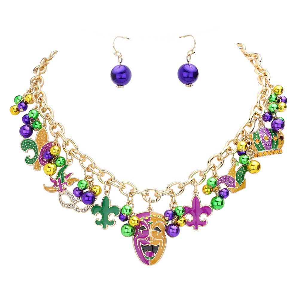 Mardi Gras Enamel Fleur de Lis Mask Hat Pendant Jewelry Set, Elevate your Mardi Gras style. Made with intricate detailing and vibrant colors, this set is perfect for any festive occasion. Show off your unique fashion sense and embrace the party with this one-of-a-kind piece. Perfect for celebrations and everyday wear