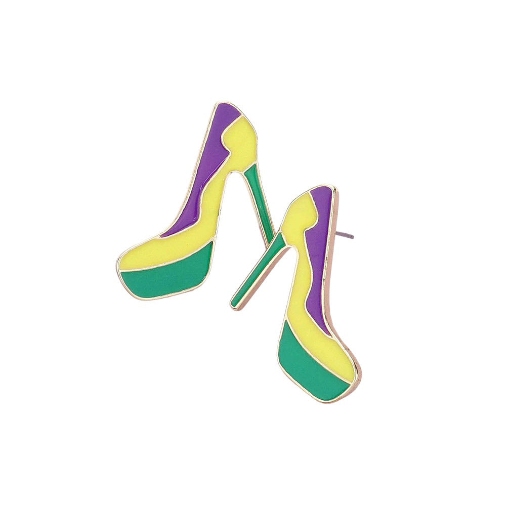 Multi Mardi Gras Enamel Stiletto Heel Earrings, Celebrate Mardi Gras in style with these. Featuring vibrant colors and intricate details, they make a stand-out accessory for any festive look. Crafted with an eye-catching design, these earrings are sure to turn heads. A perfect festive gift for family members and friends.