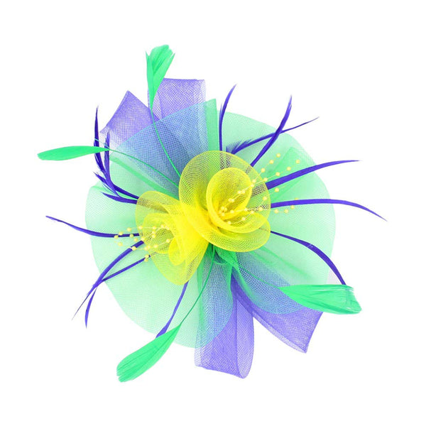 Multi Mardi Gras Feather Mesh Flower Fascinator Headband, this unique fascinator is perfect for any special occasion. It is crafted from high-quality resin materials for a beautiful and durable headpiece. The elegant mesh flower detail adds a touch of sophistication and beauty, making it a great addition to any ensemble.