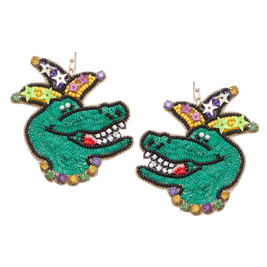 Multi Mardi Gras Felt Back Beaded Alligator Dangle Earrings. Add a stylish statement to your outfit with these. Crafted with felt backing and beaded alligator designs, these earrings offer an eye-catching, on-trend look. Perfect for Mardi Gras occasions, they are an ideal addition to any ensemble. 