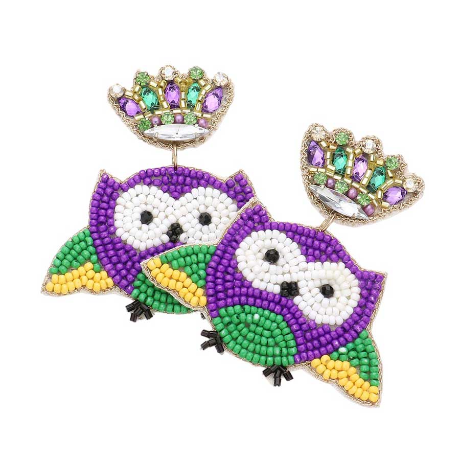 Multi Mardi Gras Felt Back Crown Beaded Owl Dangle Earrings, are designed to make a statement in the Mardi Gras festive. Crafted with beading and felt backing, these earrings feature an owl motif. With a secure closure, they are perfect for a sophisticated yet festive look. Perfect festival gift for friends and family.