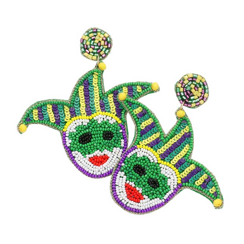 Multi Mardi Gras Felt Back Sequin Seed Beaded Jester Pierrot Dangle Earrings, Constructed with felt backing, sequin, and seed beads, offer glamorous style. The unique jester Pierrot dangle design makes them stand out from the crowd and adds a touch of sparkle to Mardi Gras ensemble. The perfect festival gift.